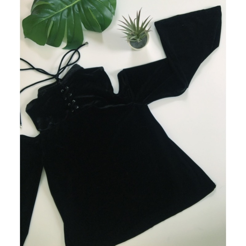 Black Velvet Lace Up Cold Shoulder Top Moon River